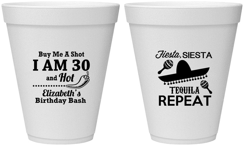 Personalized Birthday 12 oz Foam Cups - 30th Fiesta Siesta Tequila | 20177