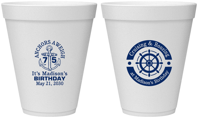 Personalized Birthday 12 oz Foam Cups - 75th Nautical | 20178