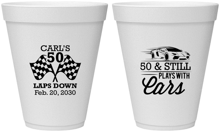 Personalized Birthday 12 oz Foam Cups - 50th Race Car | 20187
