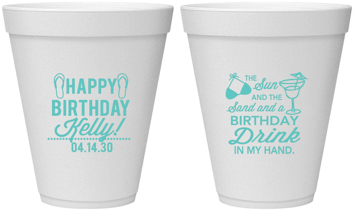 Personalized Birthday 12 oz Foam Cups - Sun Sand Drink Hand | 20202
