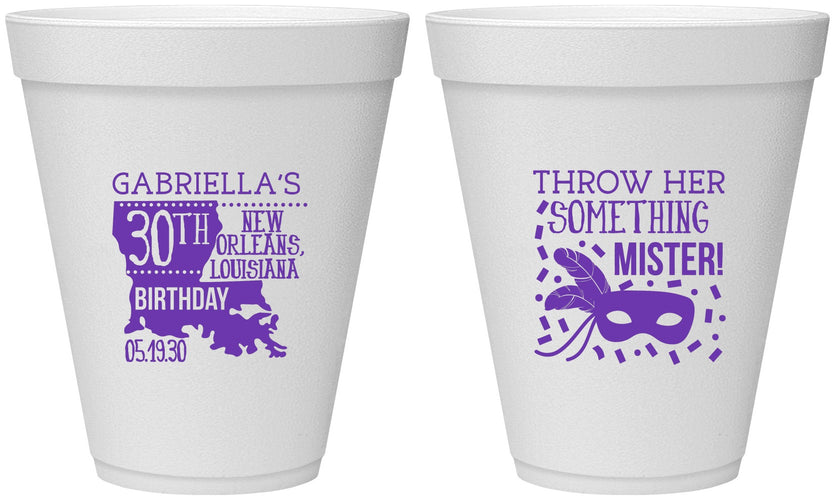 Personalized Birthday 12 oz Foam Cups - 30th Mardi Gras | 20246