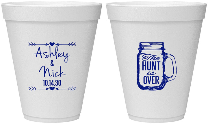 Personalized Wedding 12 oz Foam Cups - The Hunt Is Over Mason Jar | 211