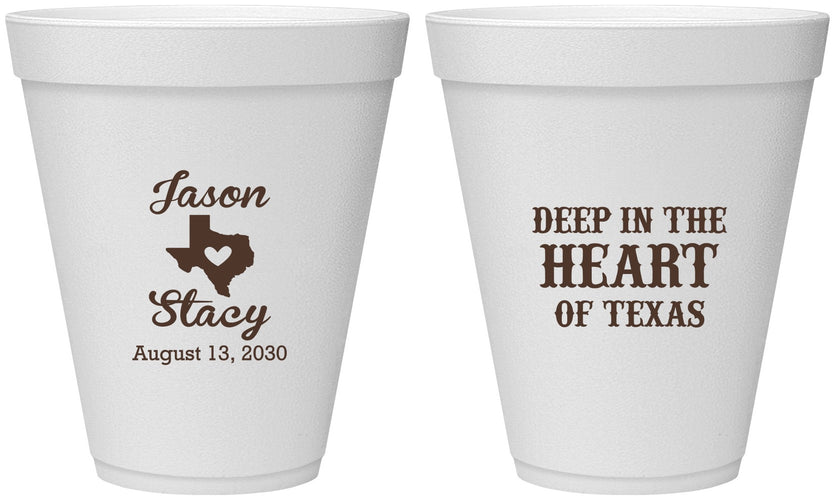 Personalized Wedding 12 oz Foam Cups - Deep In The Heart Of Texas | 214
