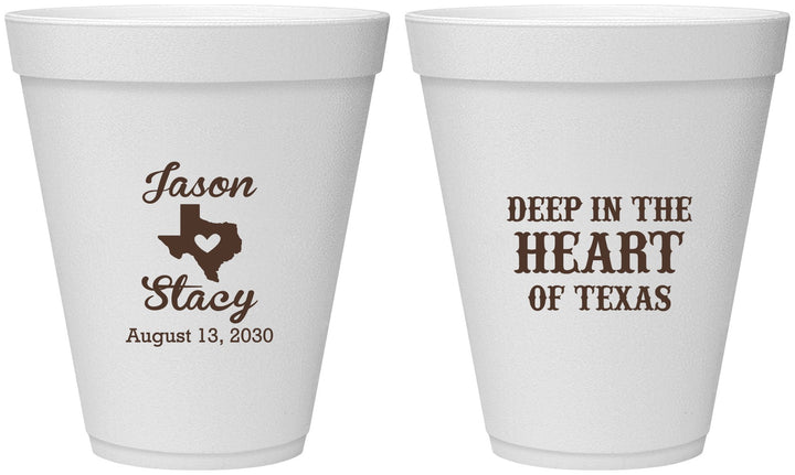 Personalized Wedding 12 oz Foam Cups - Deep In The Heart Of Texas | 214