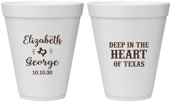Personalized Wedding 12 oz Foam Cups - Deep In The Heart Of Texas | 237