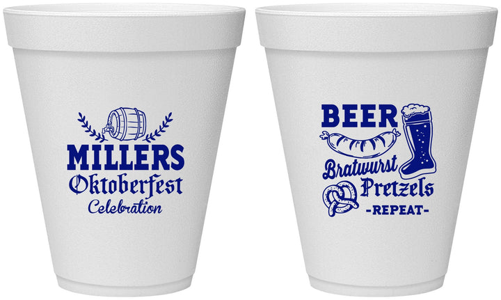 Personalized Oktoberfest 12 oz Foam Cups - Bratwurst Pretzels | 240007