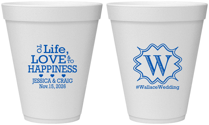 Personalized Wedding 12 oz Foam Cups - Life Love Happiness | 248