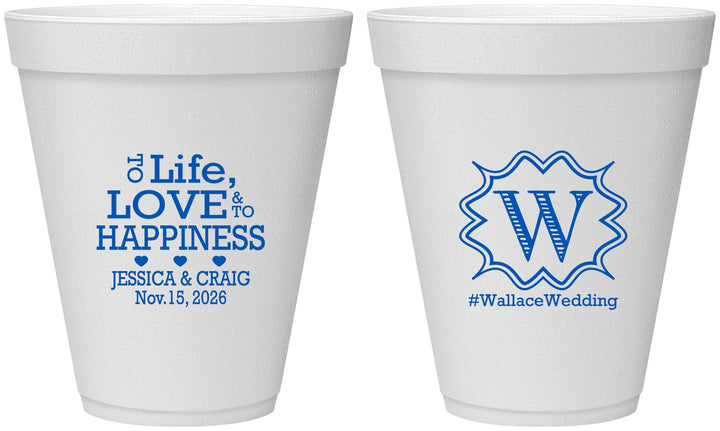 Personalized Wedding 12 oz Foam Cups - Life Love Happiness | 248