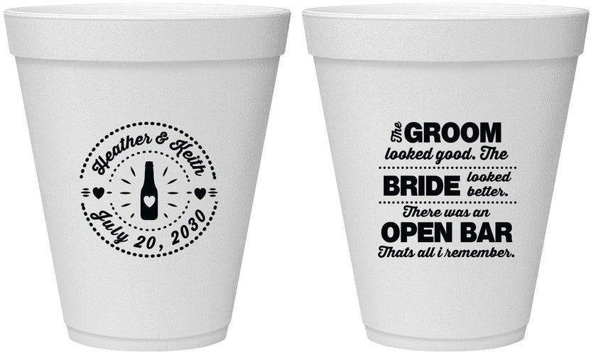 Personalized Wedding 12 oz Foam Cups - Groom Bride Open Bar | 253