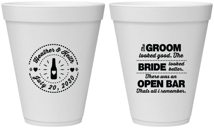 Personalized Wedding 12 oz Foam Cups - Groom Bride Open Bar | 253