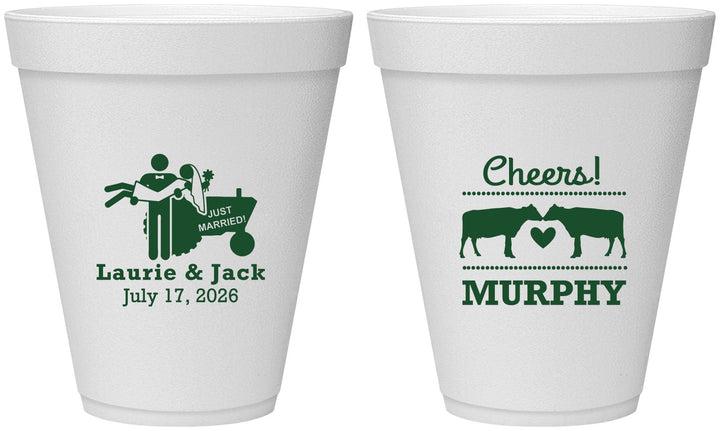 Personalized Wedding 12 oz Foam Cups - Tractor Cows | 257