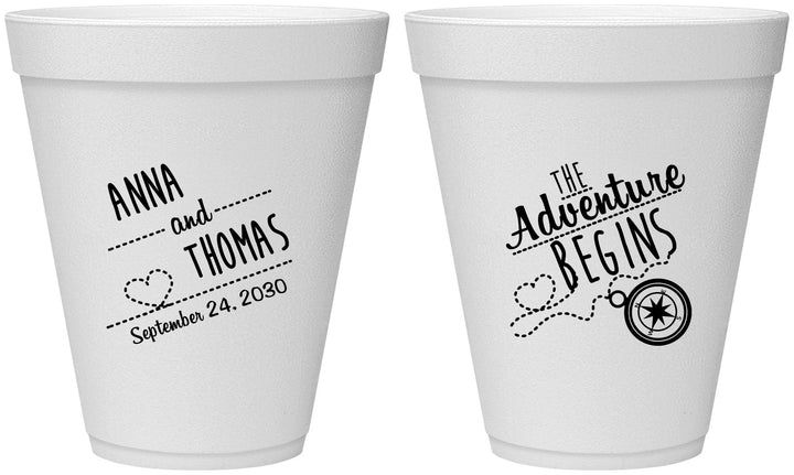 Personalized Wedding 12 oz Foam Cups - The Adventure Begins | 284