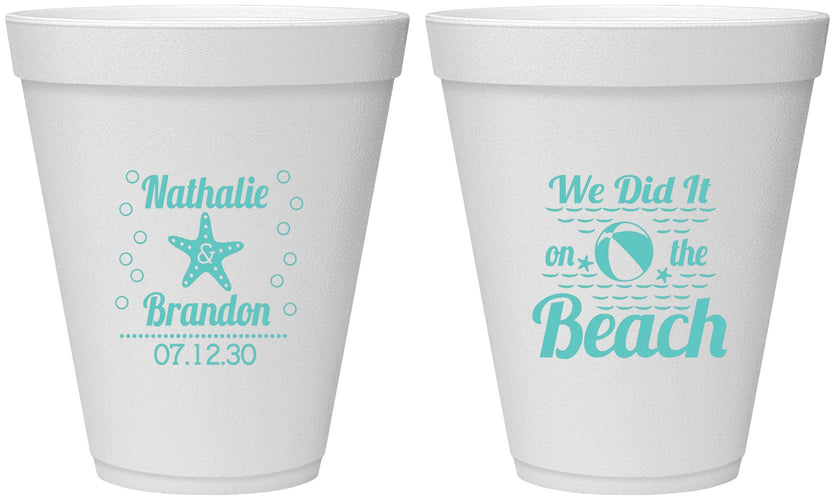 Personalized Wedding 12 oz Foam Cups - We Did It On The Beach | 287