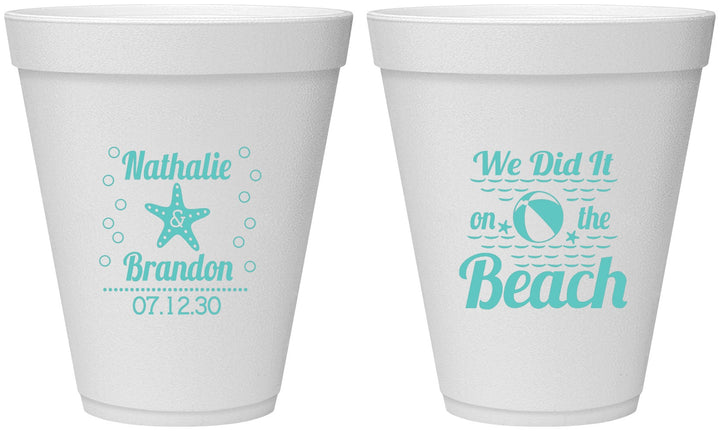 Personalized Wedding 12 oz Foam Cups - We Did It On The Beach | 287