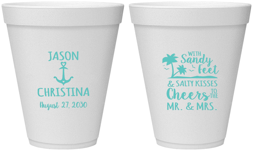 Personalized Wedding 12 oz Foam Cups - Sandy Feet Salty Kisses | 290