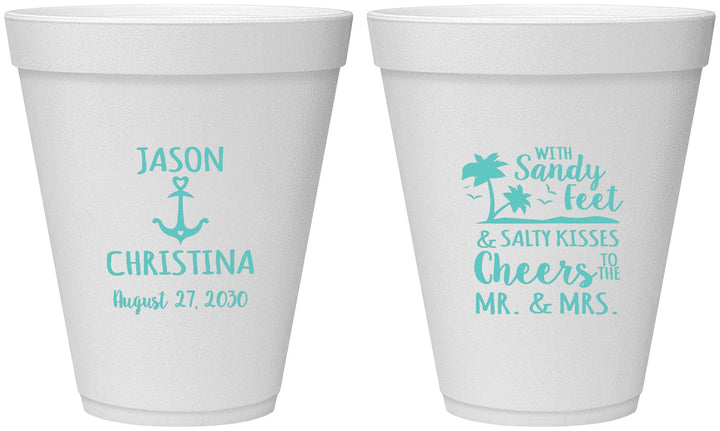 Personalized Wedding 12 oz Foam Cups - Sandy Feet Salty Kisses | 290