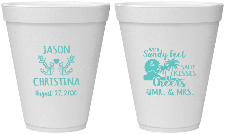 Personalized Wedding 12 oz Foam Cups - Sandy Feet Salty Kisses | 291