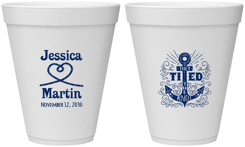 Personalized Wedding 12 oz Foam Cups - They Tied The Knot Nautical | 293