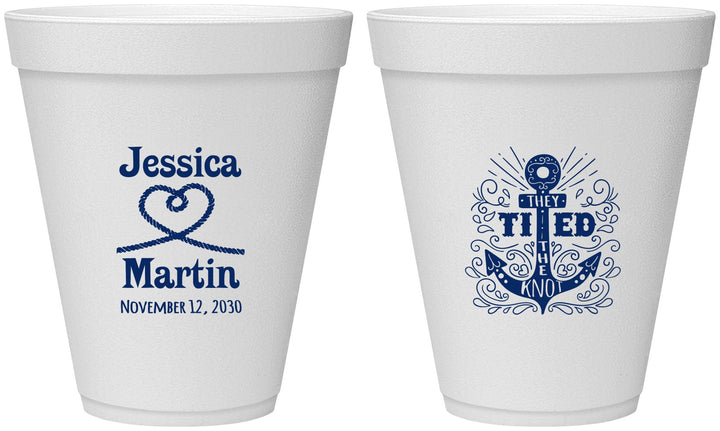 Personalized Wedding 12 oz Foam Cups - They Tied The Knot Nautical | 293