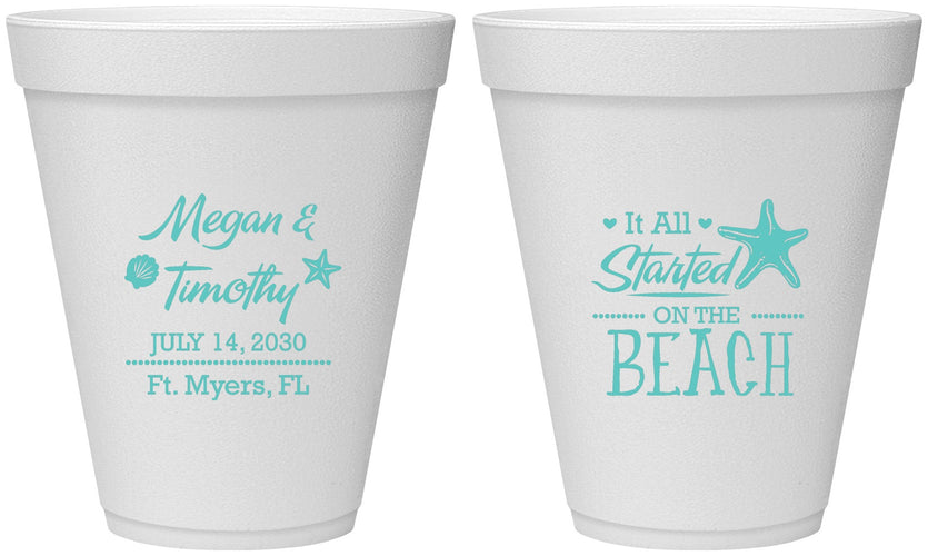 Personalized Wedding 12 oz Foam Cups - Started On The Beach | 295