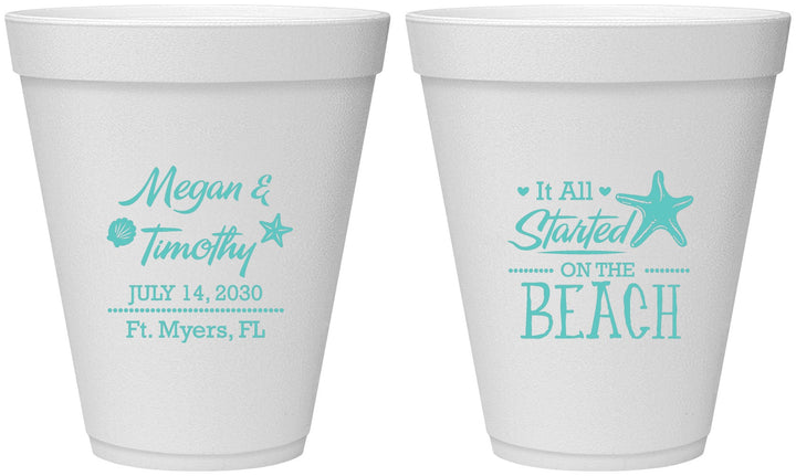 Personalized Wedding 12 oz Foam Cups - Started On The Beach | 295