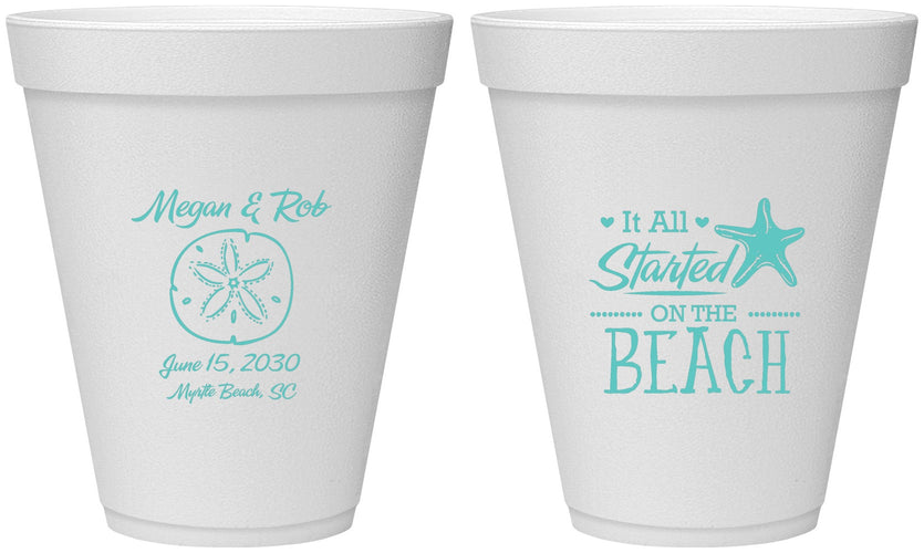 Personalized Wedding 12 oz Foam Cups - Started On The Beach | 298