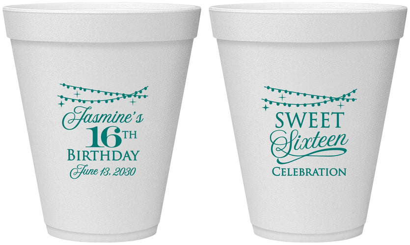 Personalized 16th Birthday 12 oz Foam Cups - String Lights | 300009