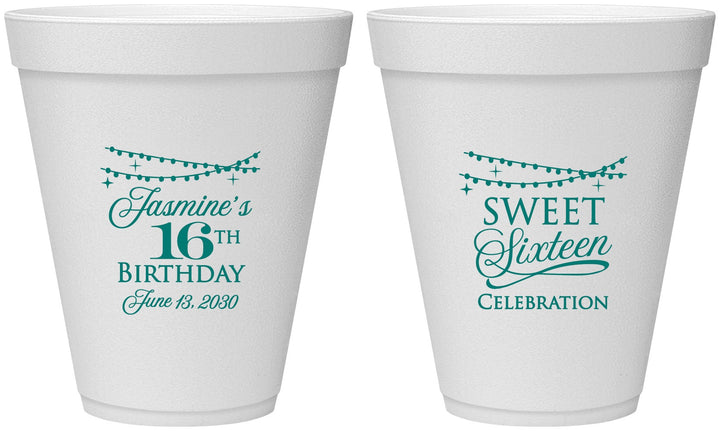 Personalized 16th Birthday 12 oz Foam Cups - String Lights | 300009