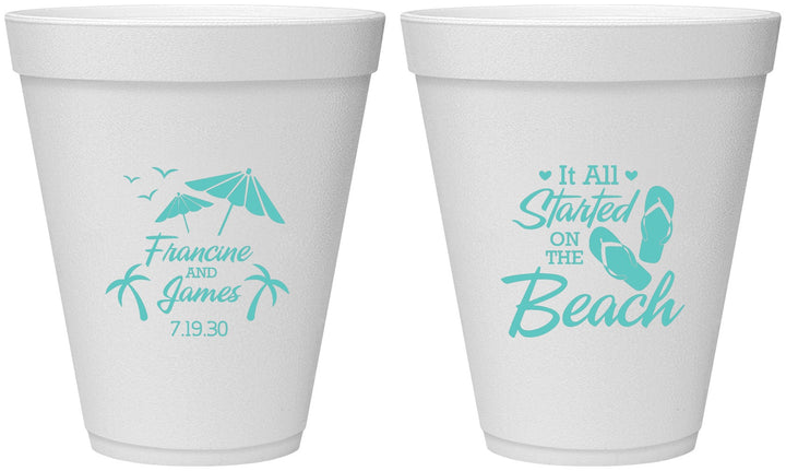 Personalized Wedding 12 oz Foam Cups - Started On The Beach | 310