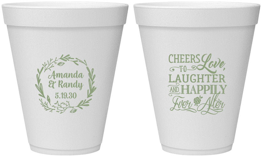 Personalized Wedding 12 oz Foam Cups - Love Laughter Happily | 326