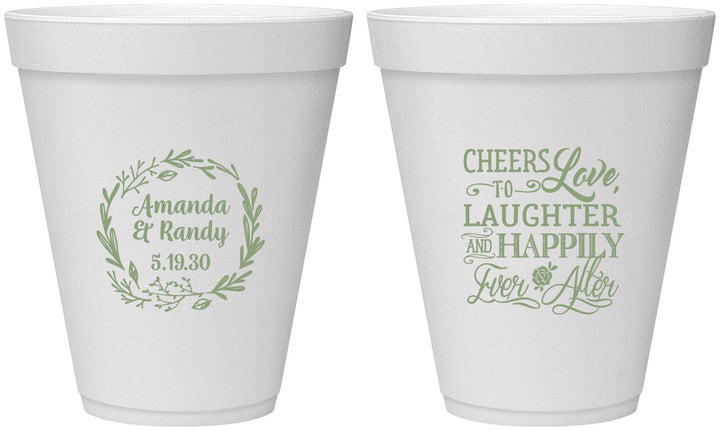 Personalized Wedding 12 oz Foam Cups - Love Laughter Happily | 326
