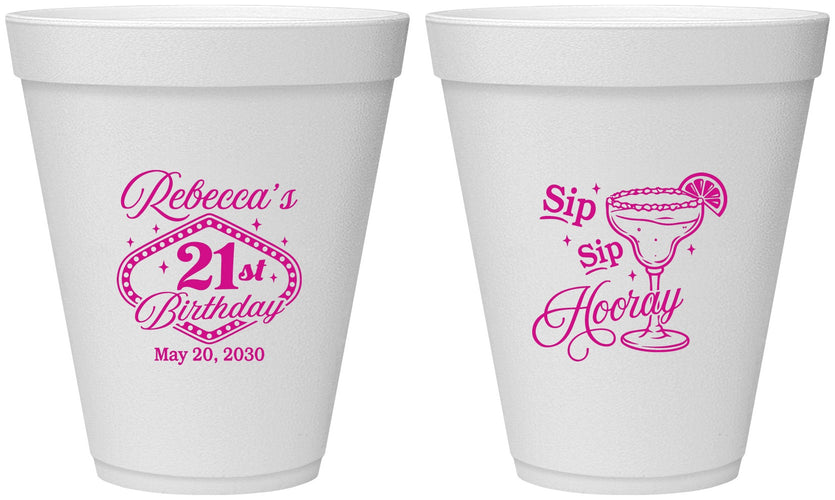 Personalized 21st Birthday 12 oz Foam Cups - Sip Sip Hooray Vegas | 340006