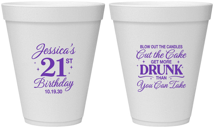 Personalized 21st Birthday 12 oz Foam Cups - Candles Cake Drunk | 340010