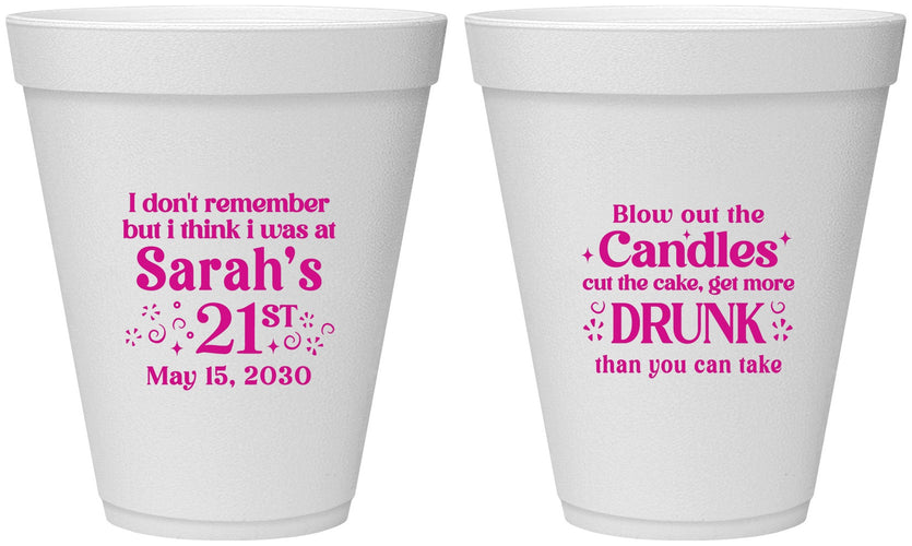 Personalized 21st Birthday 12 oz Foam Cups - Candles Cake Drunk | 340017