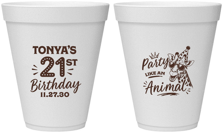 Personalized 21st Birthday 12 oz Foam Cups - Party Like An Animal Giraffe | 340022