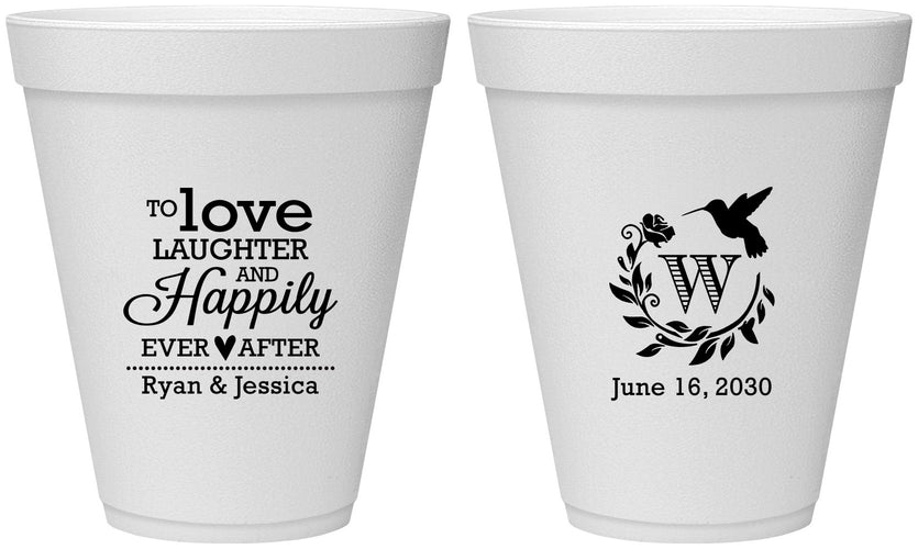 Personalized Wedding 12 oz Foam Cups - Love Laughter Happily | 345