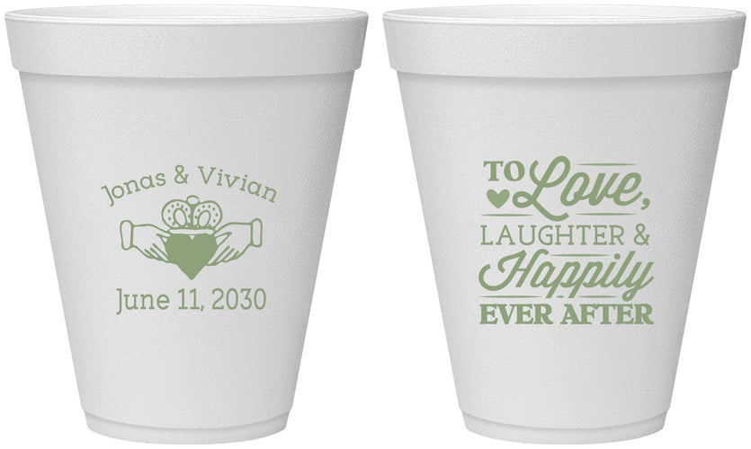 Personalized Wedding 12 oz Foam Cups - Love Laughter Happily | 346