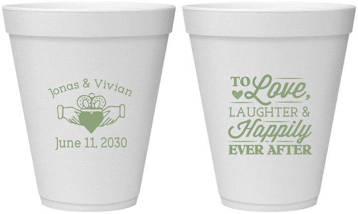 Personalized Wedding 12 oz Foam Cups - Love Laughter Happily | 346
