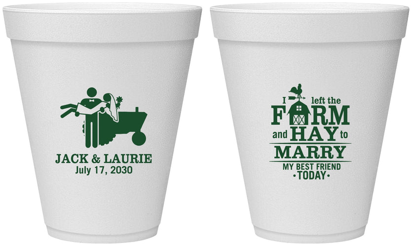 Personalized Wedding 12 oz Foam Cups - Left The Farm Tractor | 347