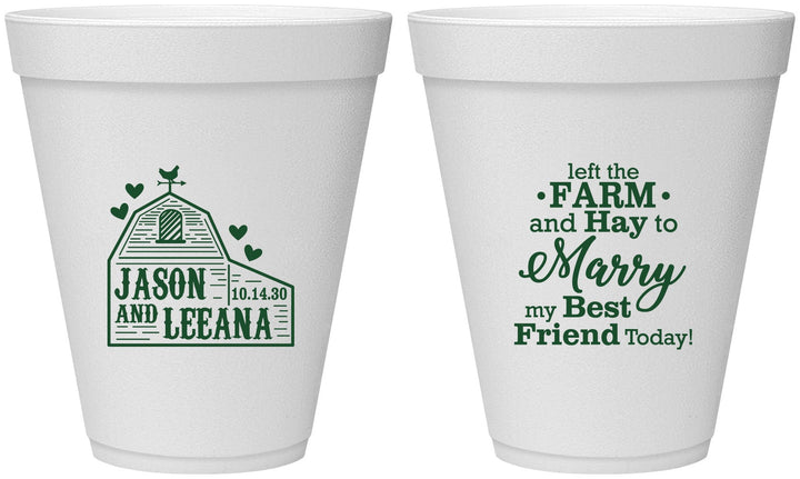 Personalized Wedding 12 oz Foam Cups - Left The Farm Tractor | 352