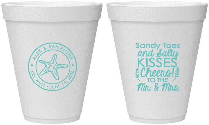 Personalized Wedding 12 oz Foam Cups - Sandy Feet Salty Kisses | 355