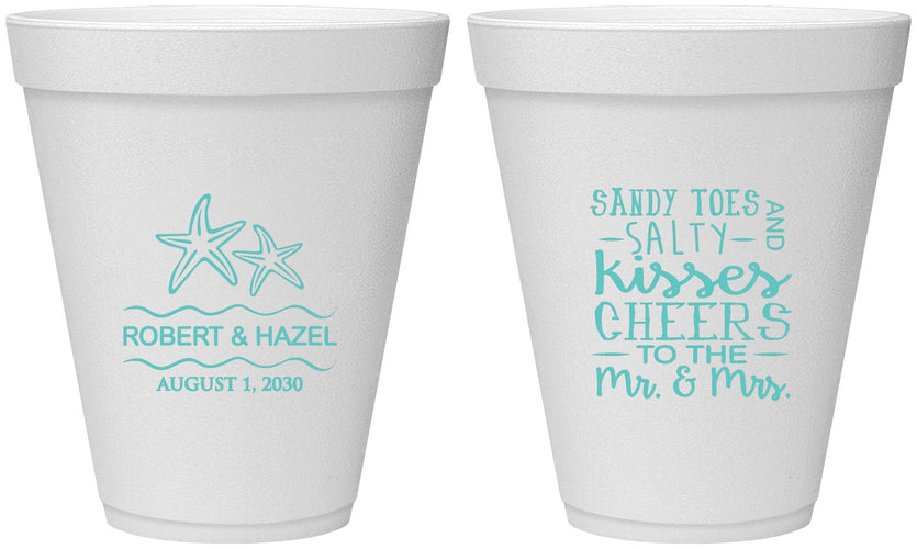 Personalized Wedding 12 oz Foam Cups - Sandy Feet Salty Kisses | 356