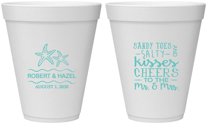 Personalized Wedding 12 oz Foam Cups - Sandy Feet Salty Kisses | 356