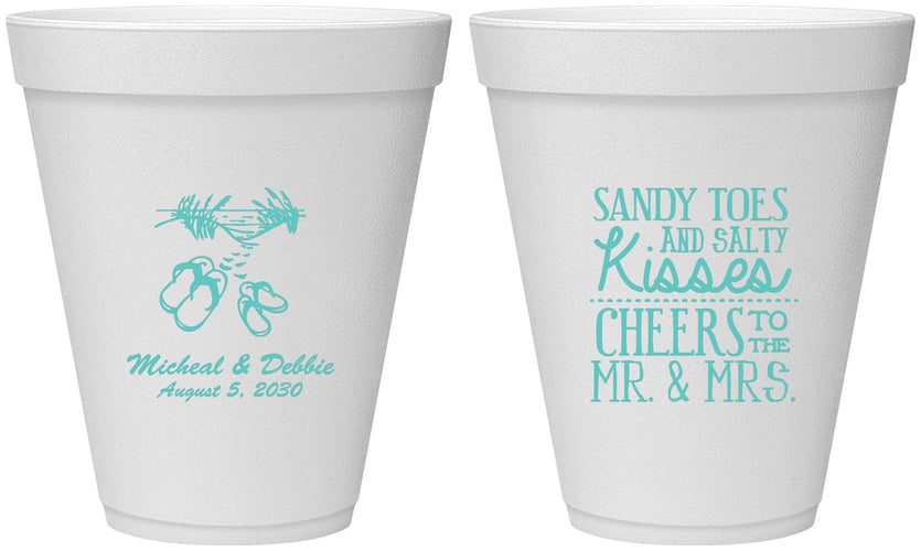 Personalized Wedding 12 oz Foam Cups - Sandy Feet Salty Kisses | 357