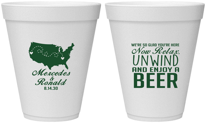 Personalized Wedding 12 oz Foam Cups - Relax Unwind Enjoy Beer | 360