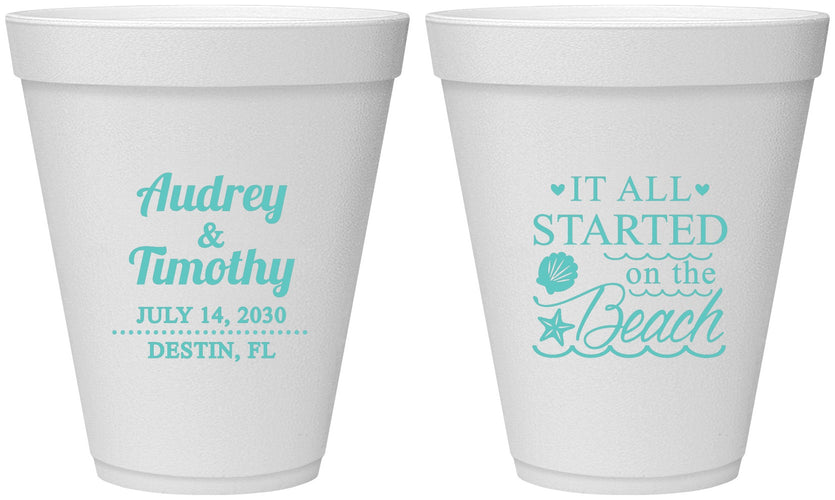 Personalized Wedding 12 oz Foam Cups - Started On The Beach | 361