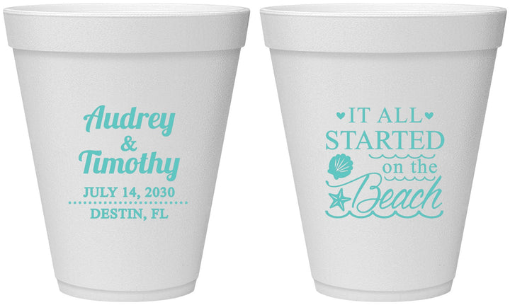 Personalized Wedding 12 oz Foam Cups - Started On The Beach | 361