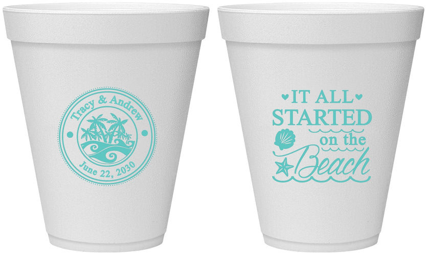 Personalized Wedding 12 oz Foam Cups - Started On The Beach | 362
