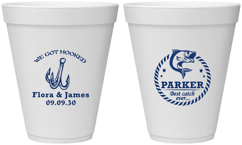 Personalized Wedding 12 oz Foam Cups - We Got Hooked Fish | 392