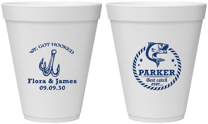 Personalized Wedding 12 oz Foam Cups - We Got Hooked Fish | 392